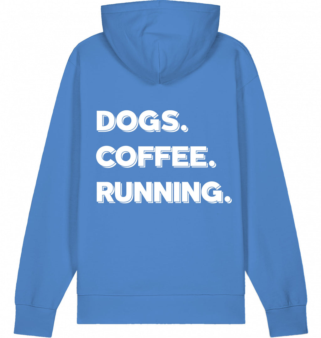 DOGS. COFFEE. RUNNING Hoodie – Organic Trail Running Hoodie (White Print) - Flat Mockup