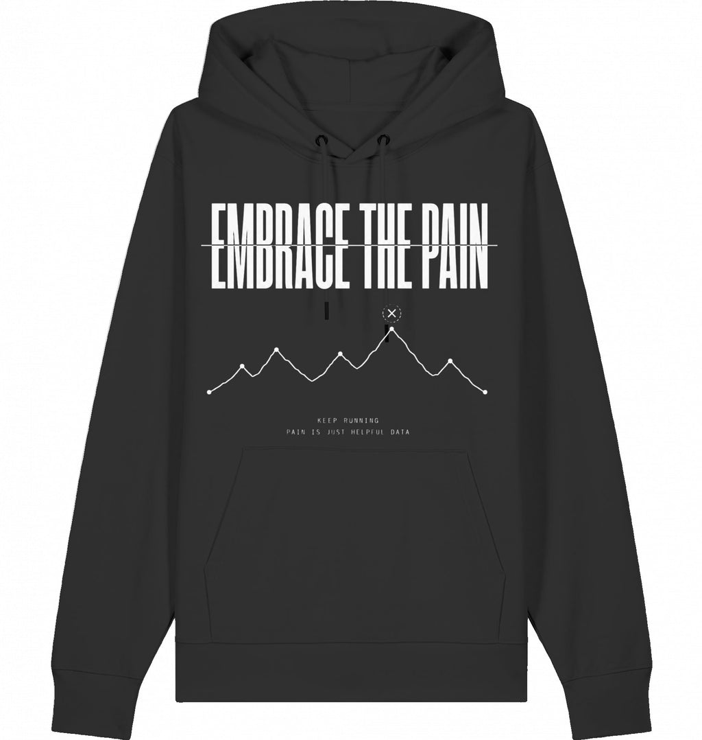 EMBRACE THE PAIN Hoodie – Organic Trail Running Hoodie (White Print) - Flat Mockup