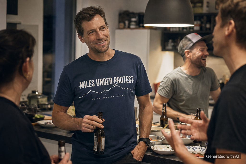 MILES UNDER PROTEST Tee – Organic Trail Running T-Shirt (White Print) - Lifestyle Mockup (Front View)