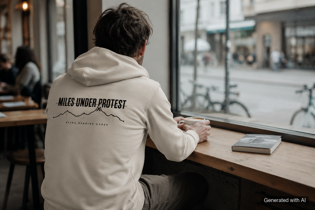 MILES UNDER PROTEST Zip Hoodie – Organic Zip-Through Hoodie (Black Print) - Lifestyle Mockup (Back View)