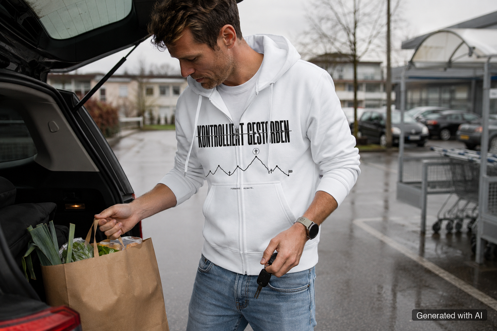 RUN RECOVER REPEAT Heavy Hoodie – Heavyweight Organic Hoodie (Black Print) - Lifestyle Mockup (Front View)