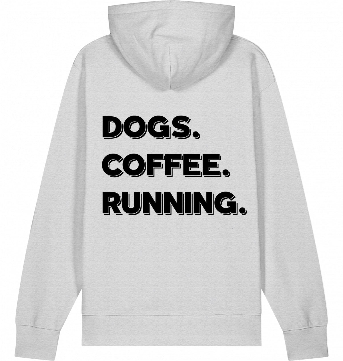 DOGS. COFFEE. RUNNING Hoodie – Organic Trail Running Hoodie (Black Print) - Flat Mockup