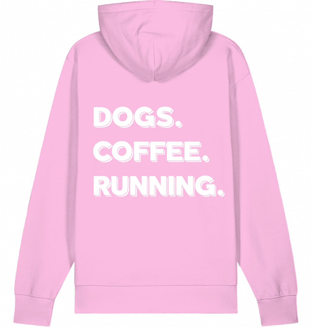 DOGS. COFFEE. RUNNING Hoodie – Organic Trail Running Hoodie (White Print) - Flat Mockup
