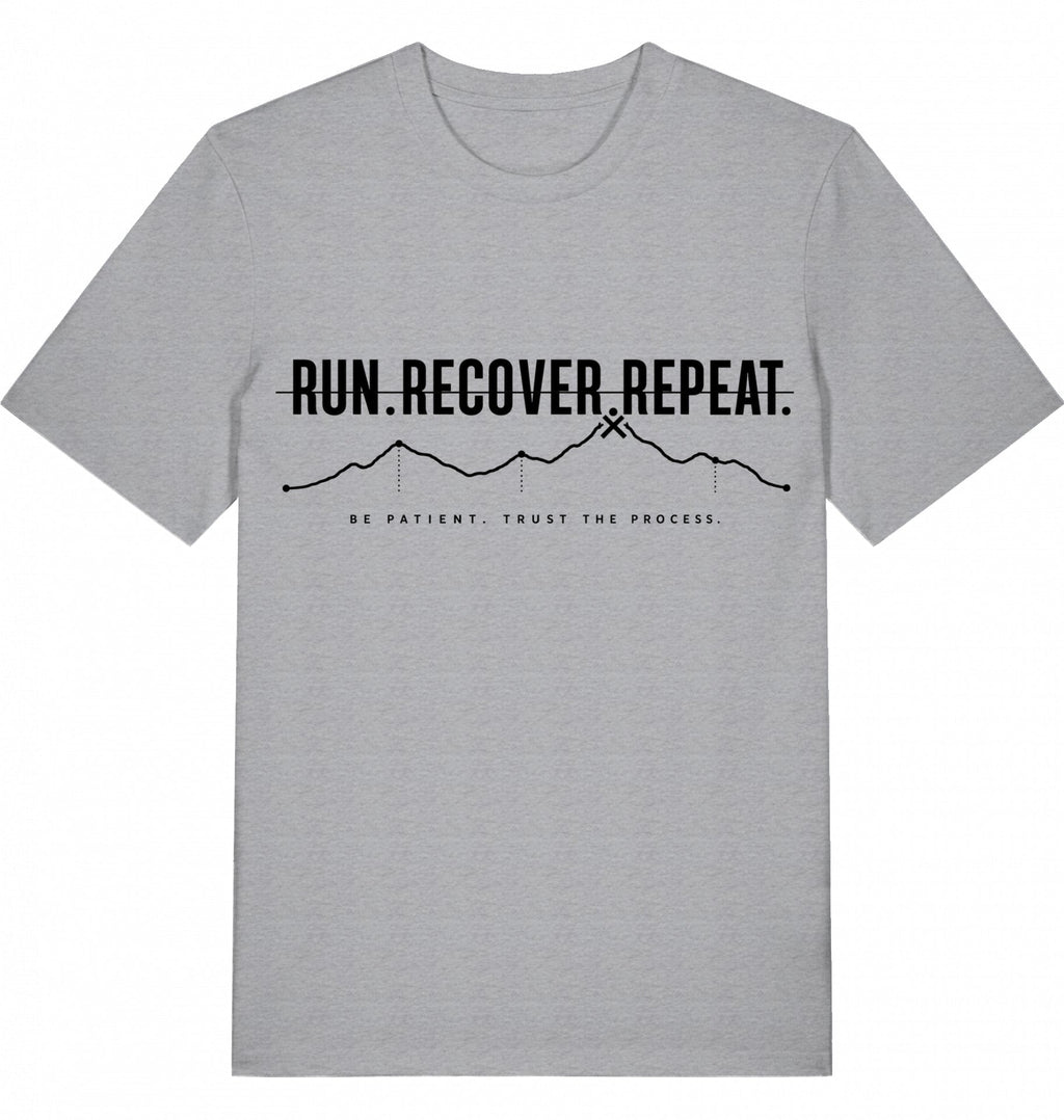RUN RECOVER REPEAT Tee – Organic Trail Running T-Shirt (Black Print) - Flat Mockup