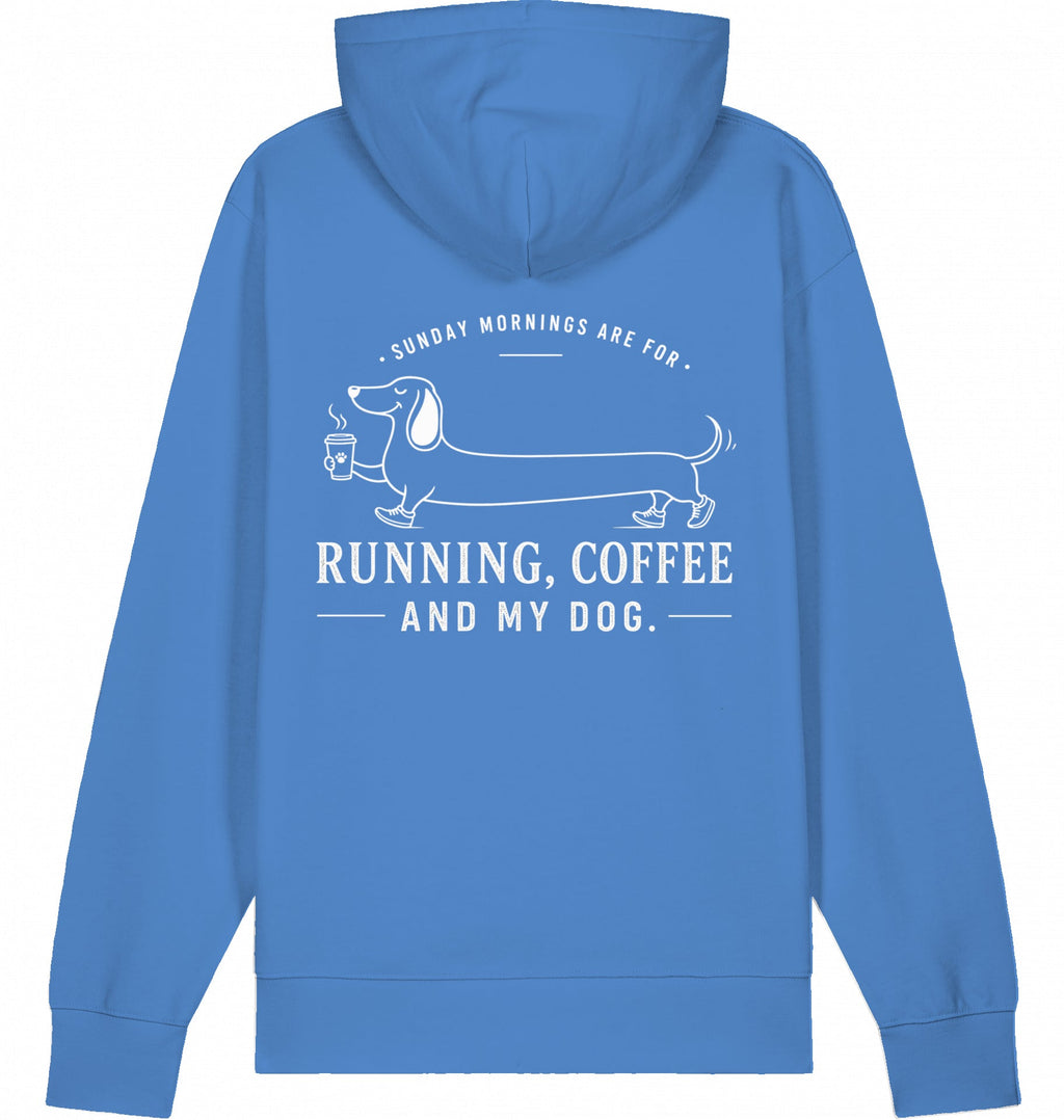 DOGS. COFFEE. RUNNING Hoodie – Organic Trail Running Hoodie (White Print) - Flat Mockup