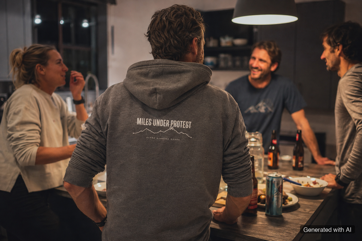 RUN RECOVER REPEAT Hoodie – Organic Trail Running Hoodie (White Print) - Lifestyle Mockup (Back View)