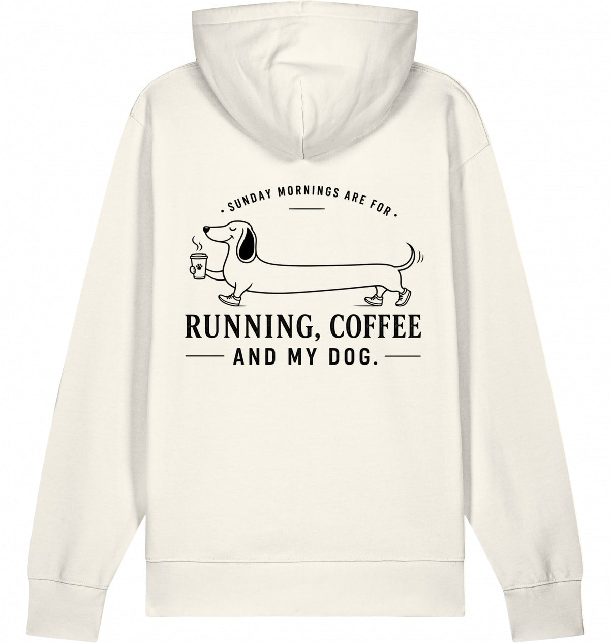 DOGS. COFFEE. RUNNING Hoodie – Organic Trail Running Hoodie (Black Print) - Flat Mockup
