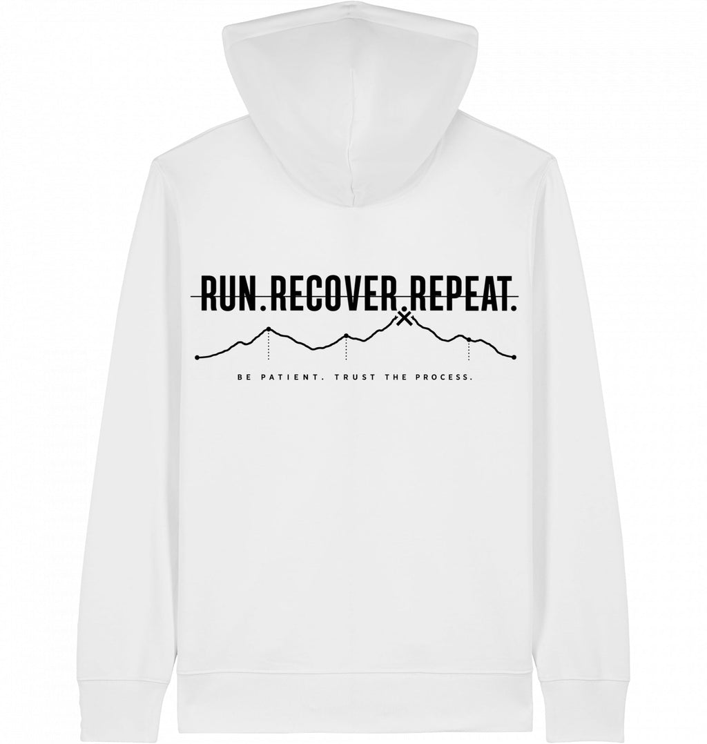 RUN RECOVER REPEAT Zip Hoodie – Organic Zip-Through Hoodie (Black Print) - Flat Mockup