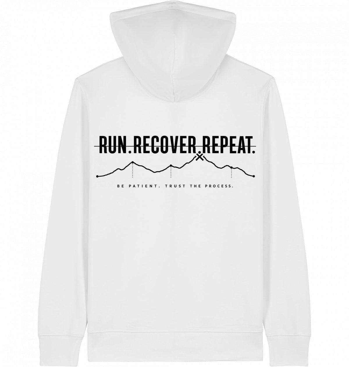 RUN RECOVER REPEAT Zip Hoodie – Organic Zip-Through Hoodie (Black Print) - Flat Mockup