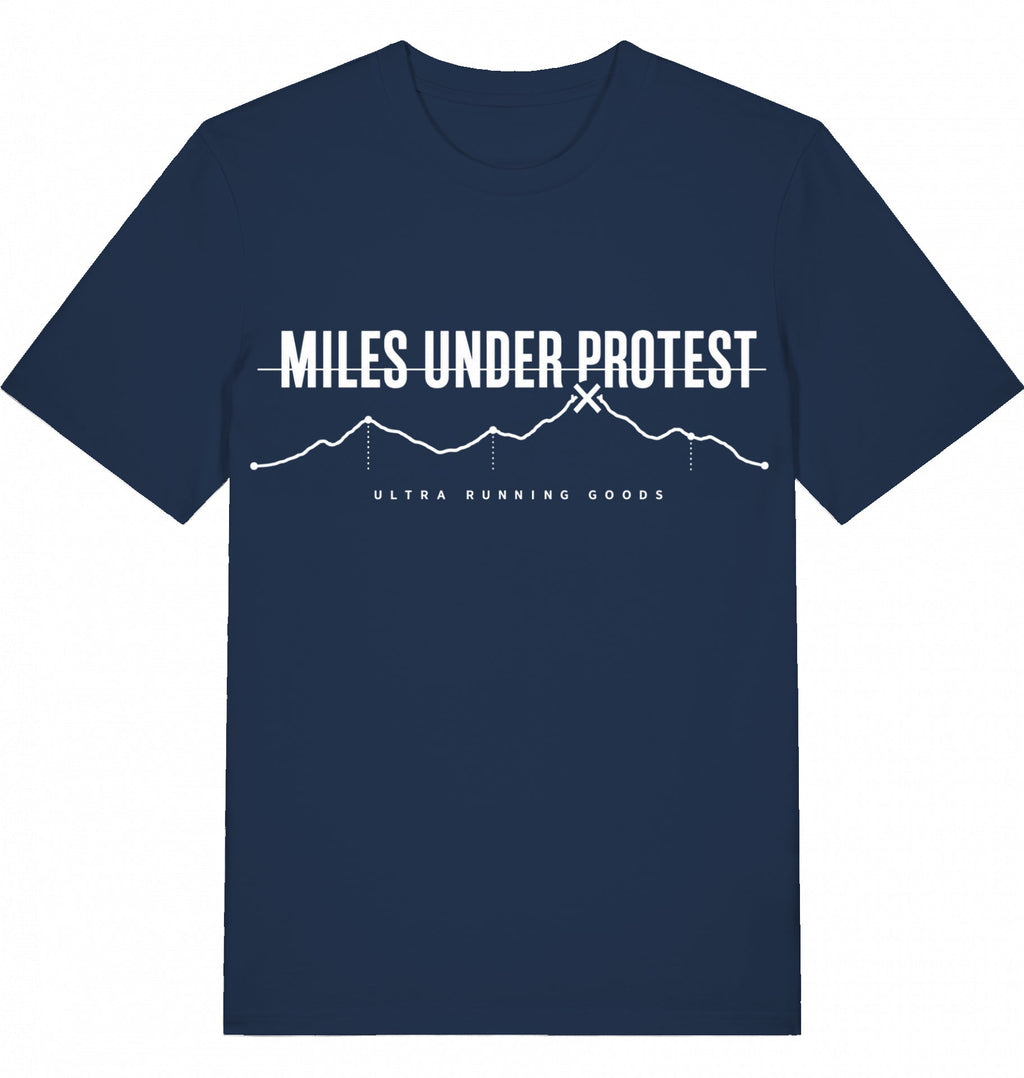 MILES UNDER PROTEST Tee – Organic Trail Running T-Shirt (White Print) - Flat Mockup