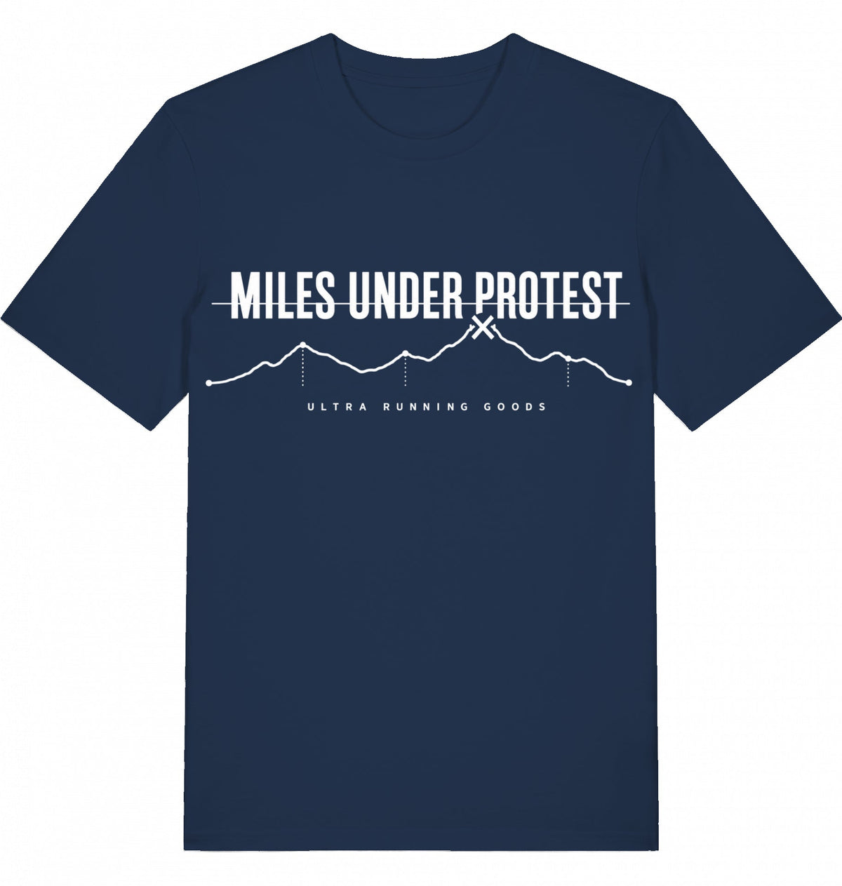 MILES UNDER PROTEST Tee – Organic Trail Running T-Shirt (White Print) - Flat Mockup