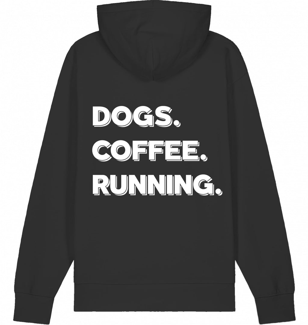 DOGS. COFFEE. RUNNING Hoodie – Organic Trail Running Hoodie (White Print) - Flat Mockup