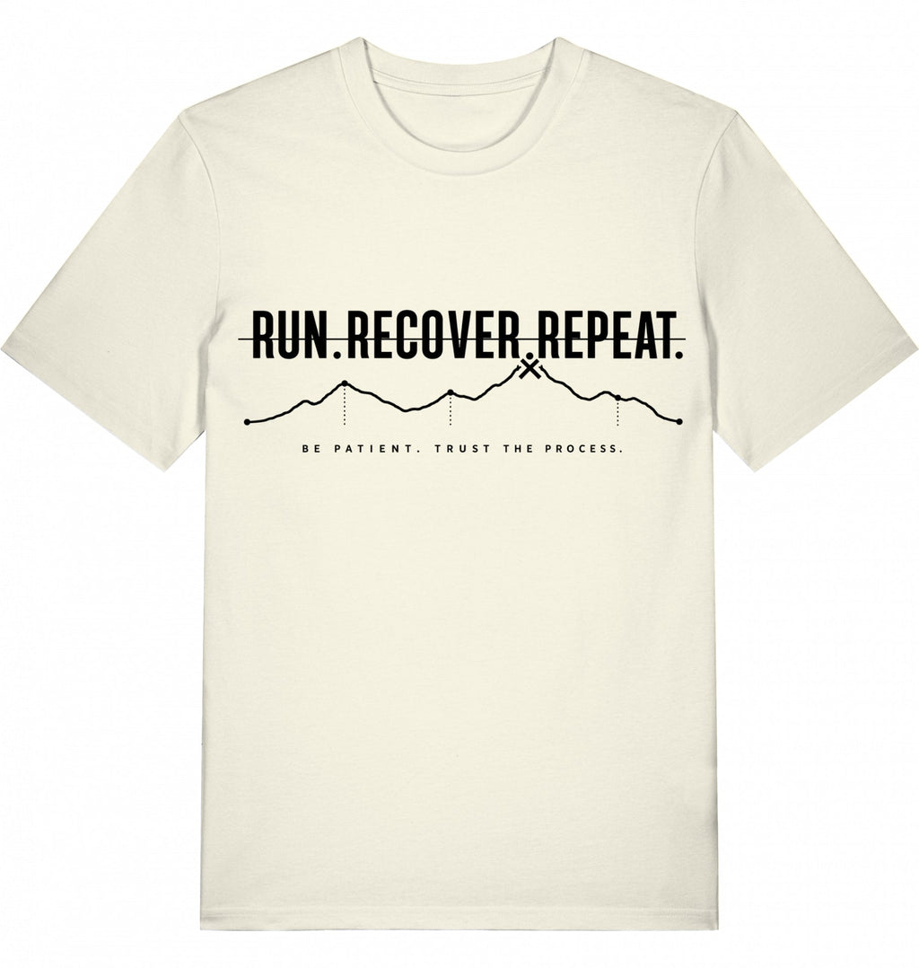 RUN RECOVER REPEAT Tee – Organic Trail Running T-Shirt (Black Print) - Flat Mockup