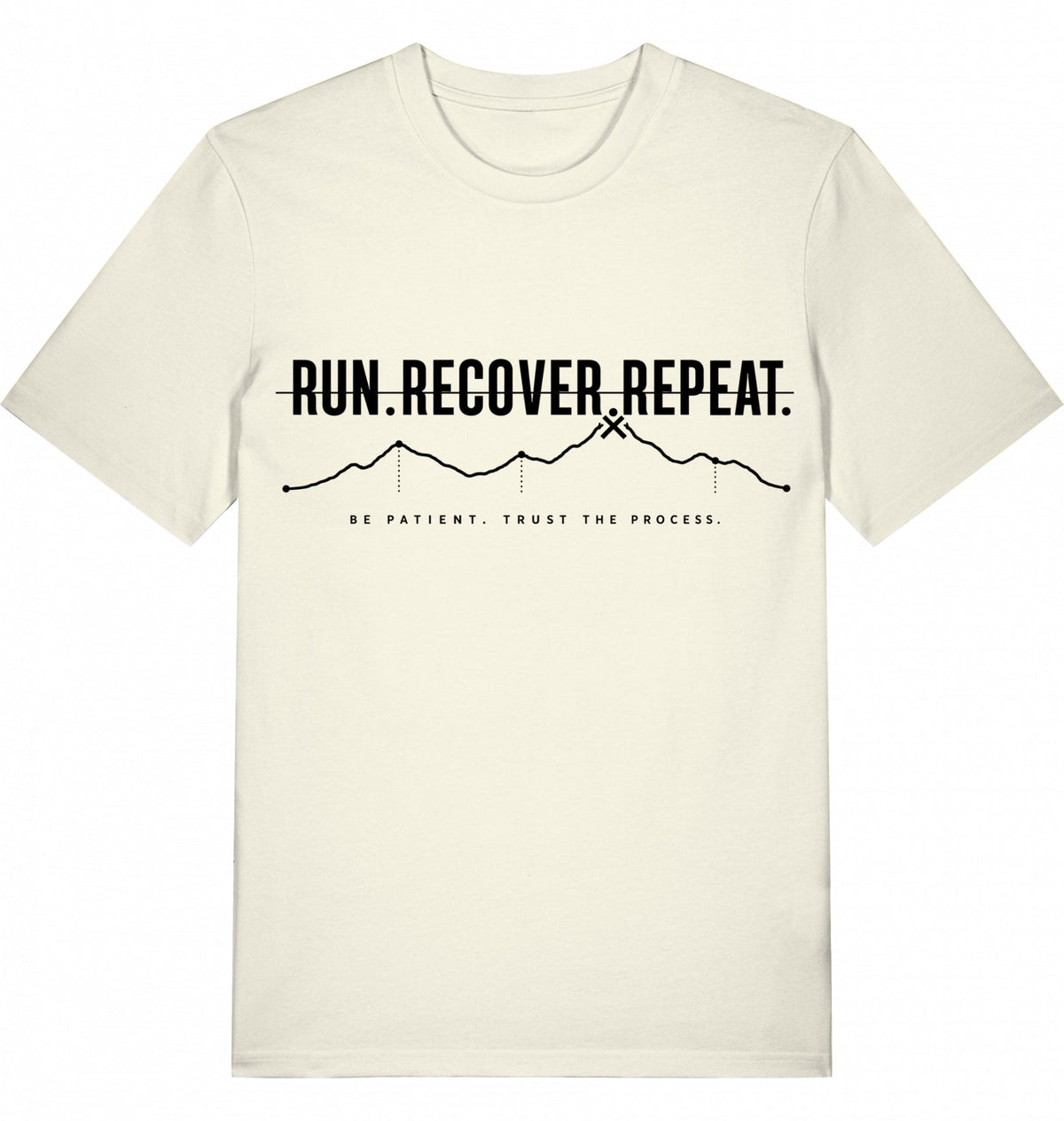 RUN RECOVER REPEAT Tee – Organic Trail Running T-Shirt (Black Print) - Flat Mockup