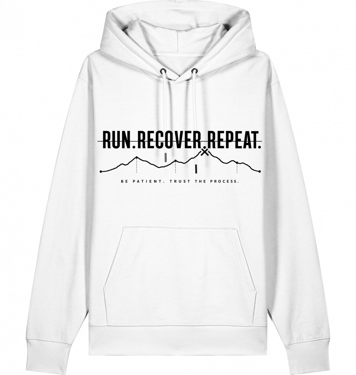 RUN RECOVER REPEAT Hoodie – Organic Trail Running Hoodie (Black Print) - Flat Mockup
