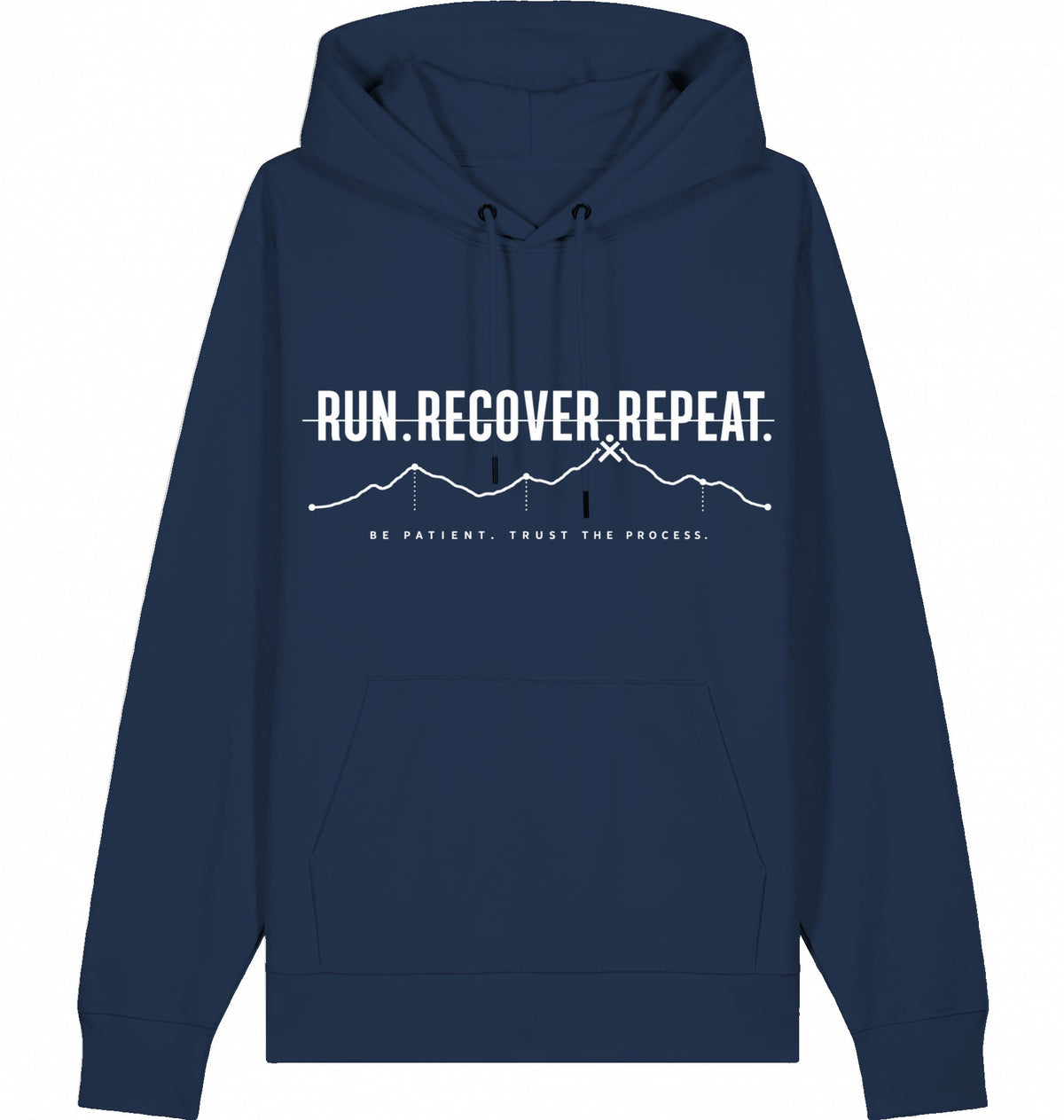 RUN RECOVER REPEAT Organic Trail Running Hoodie (White Print) - Flat Mockup