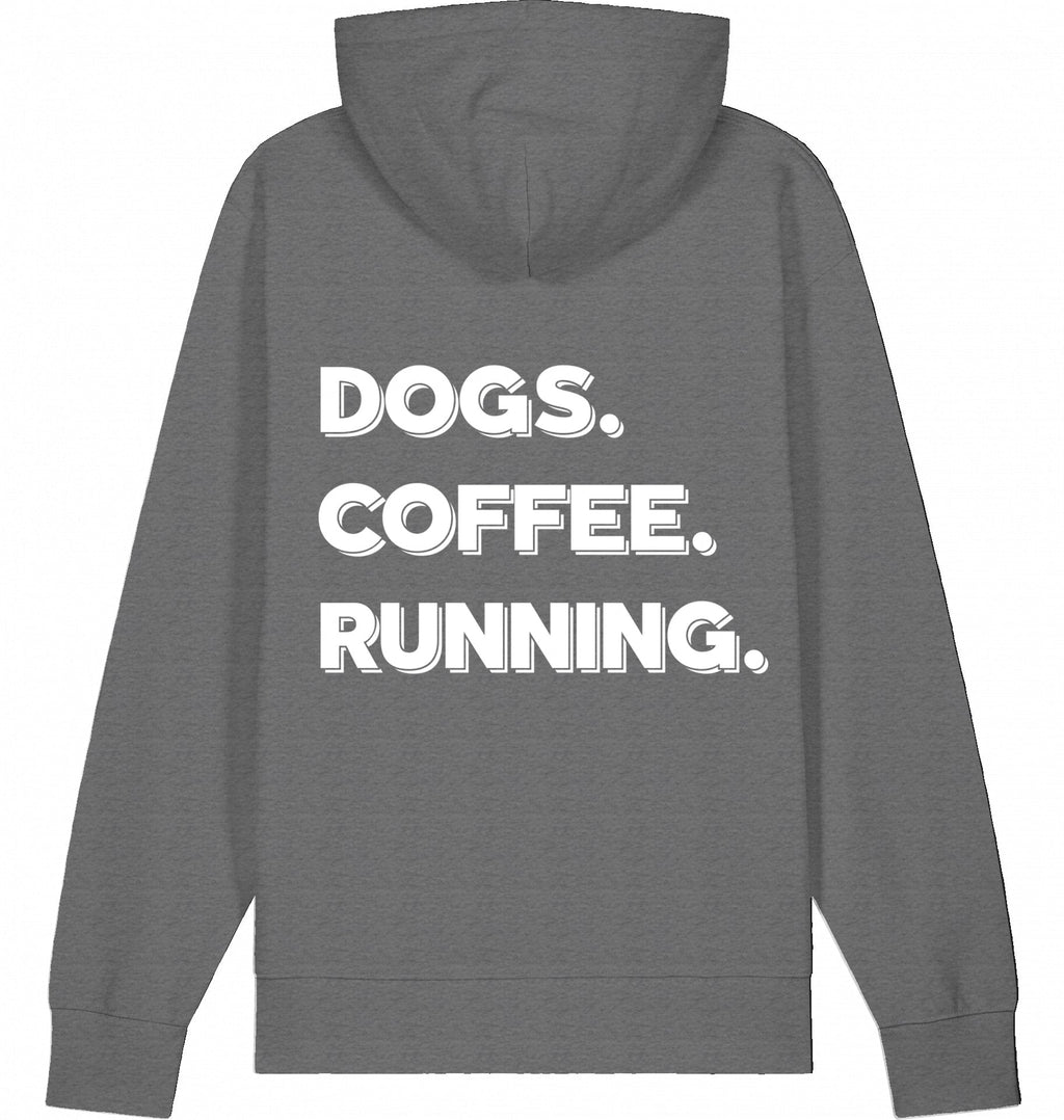 DOGS. COFFEE. RUNNING Hoodie – Organic Trail Running Hoodie (White Print) - Flat Mockup