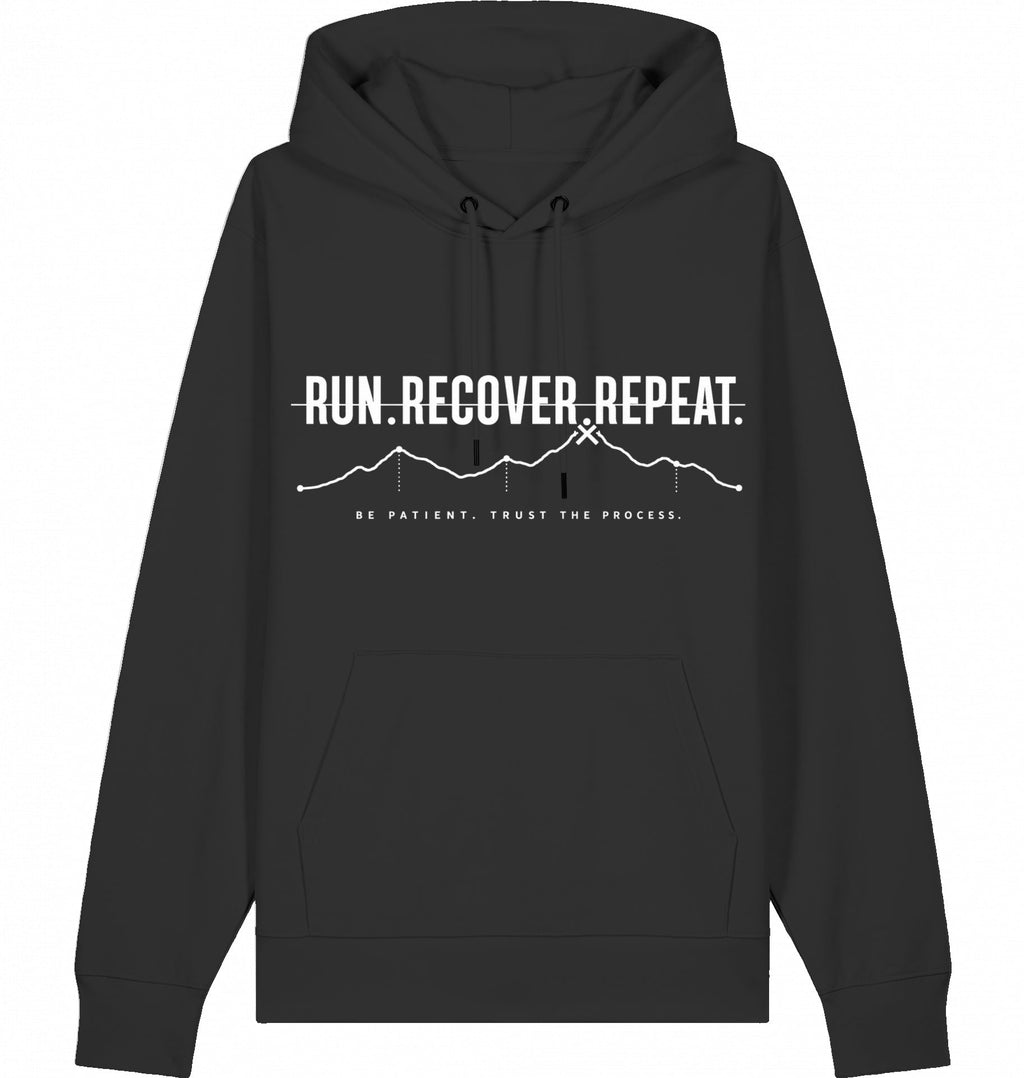 RUN RECOVER REPEAT Organic Trail Running Hoodie (White Print) - Flat Mockup