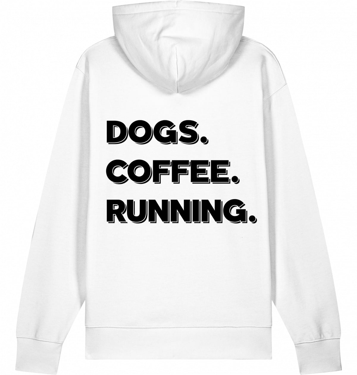 DOGS. COFFEE. RUNNING Hoodie – Organic Trail Running Hoodie (Black Print) - Flat Mockup