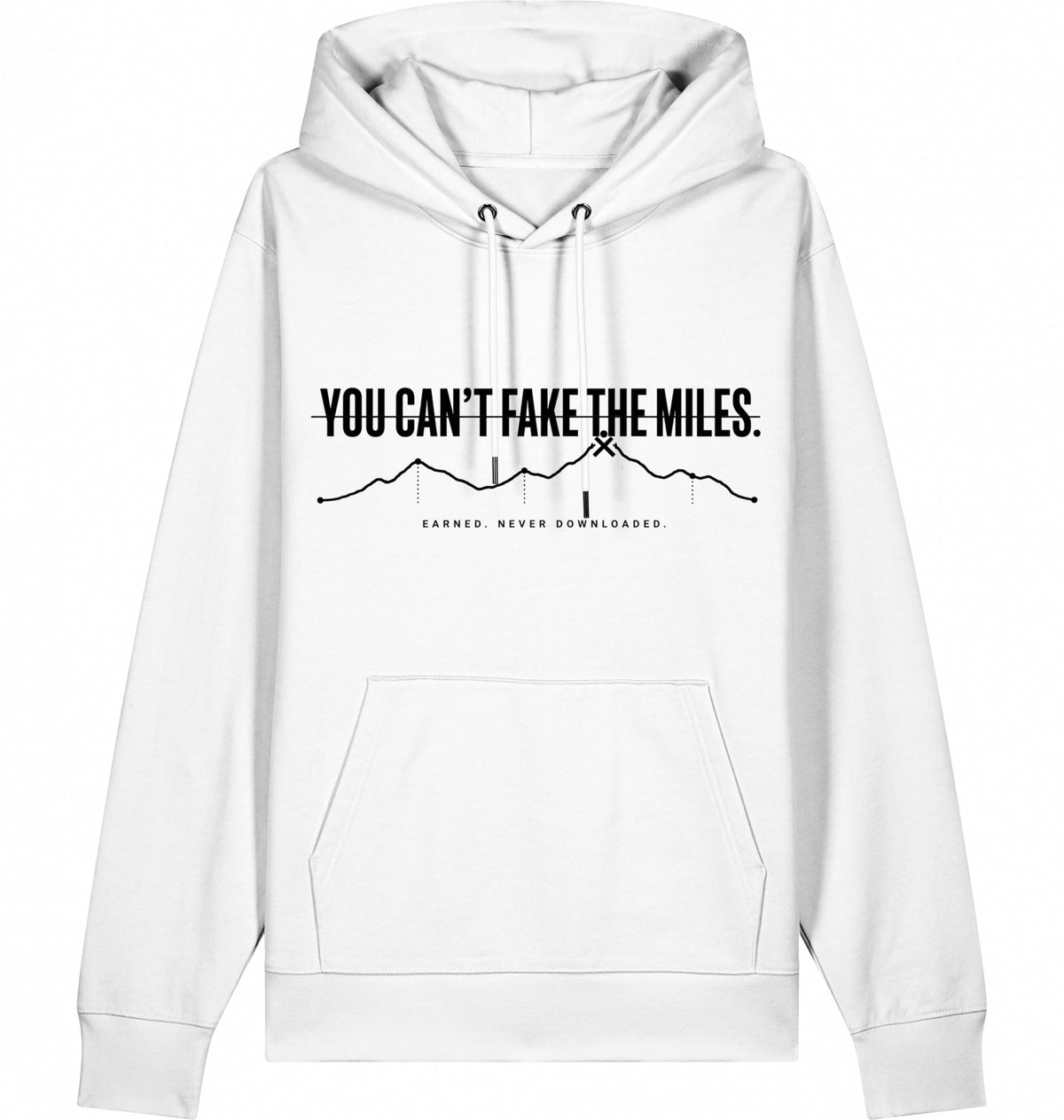 YOU CAN'T FAKE THE MILES Heavyweight Hoodie – Black Print - Flat Mockup