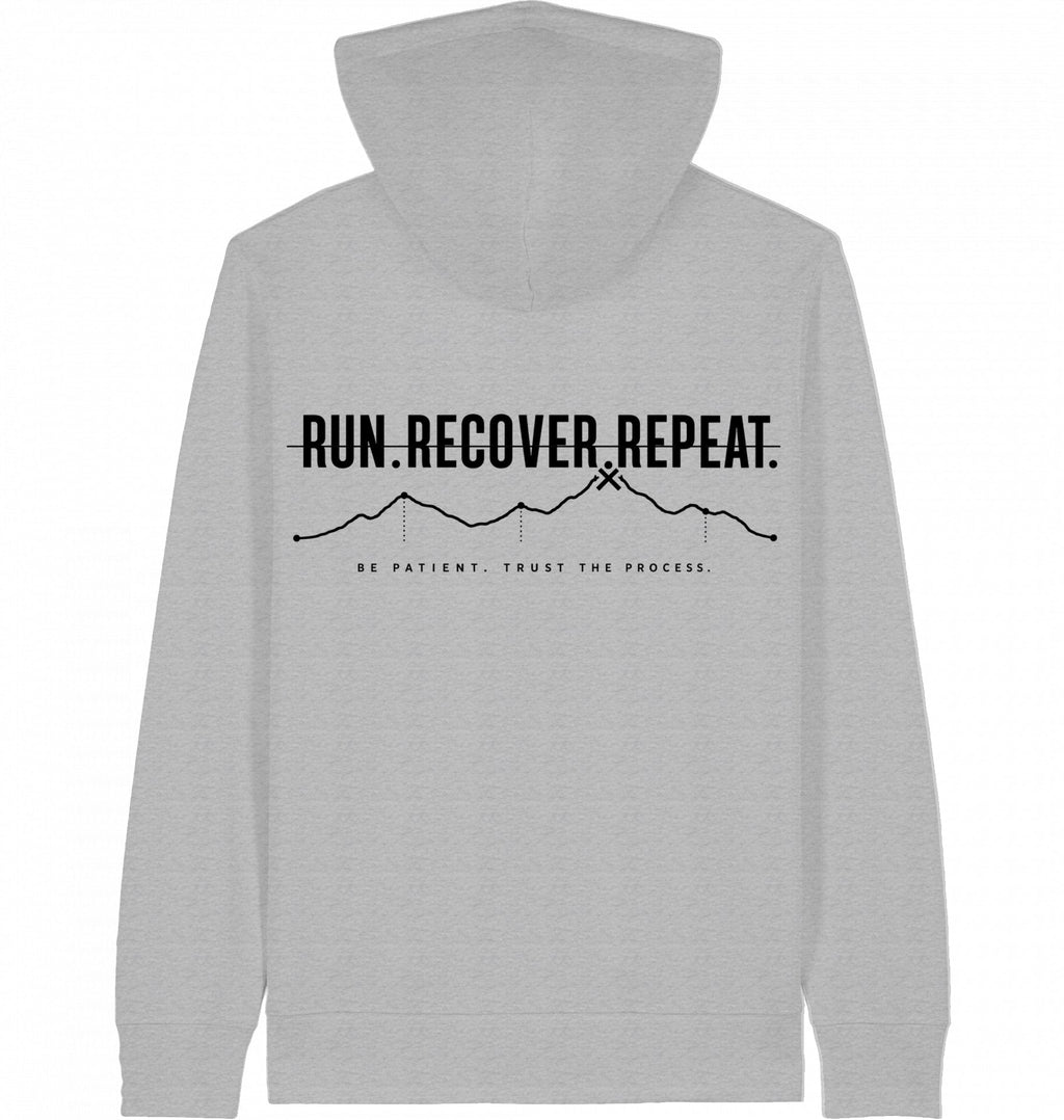 RUN RECOVER REPEAT Zip Hoodie – Organic Zip-Through Hoodie (Black Print) - Flat Mockup