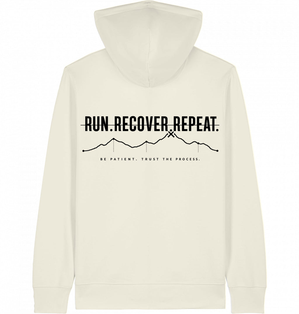 RUN RECOVER REPEAT Zip Hoodie – Organic Zip-Through Hoodie (Black Print) - Flat Mockup