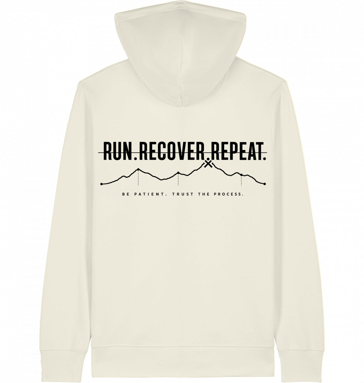 RUN RECOVER REPEAT Zip Hoodie – Organic Zip-Through Hoodie (Black Print) - Flat Mockup