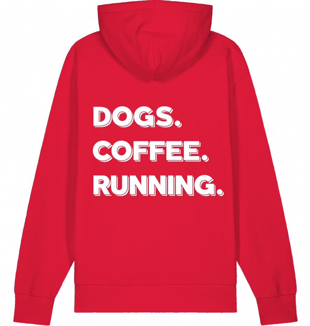 DOGS. COFFEE. RUNNING Hoodie – Organic Trail Running Hoodie (White Print) - Flat Mockup
