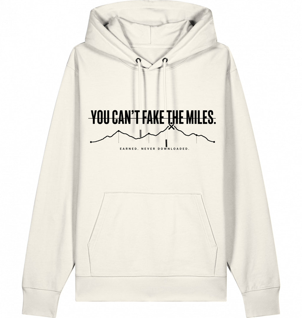 YOU CAN'T FAKE THE MILES Heavyweight Hoodie – Black Print - Flat Mockup