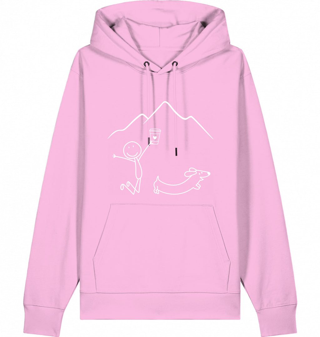 DOGS. COFFEE. RUNNING Hoodie – Organic Trail Running Hoodie (White Print) - Flat Mockup