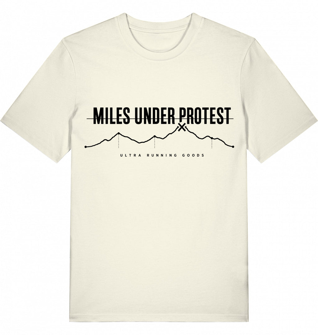 MILES UNDER PROTEST Tee – Organic Trail Running T-Shirt (Black Print) - Flat Mockup