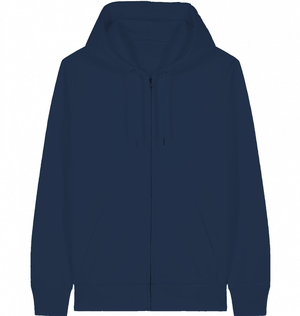 MILES UNDER PROTEST Zip Hoodie – Organic Zip-Through Hoodie (White Print) - Flat Mockup