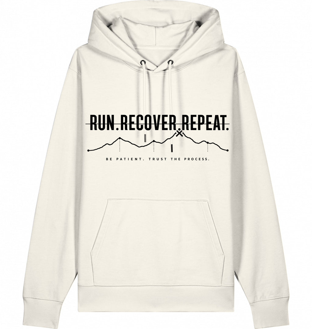 RUN RECOVER REPEAT Hoodie – Organic Trail Running Hoodie (Black Print) - Flat Mockup