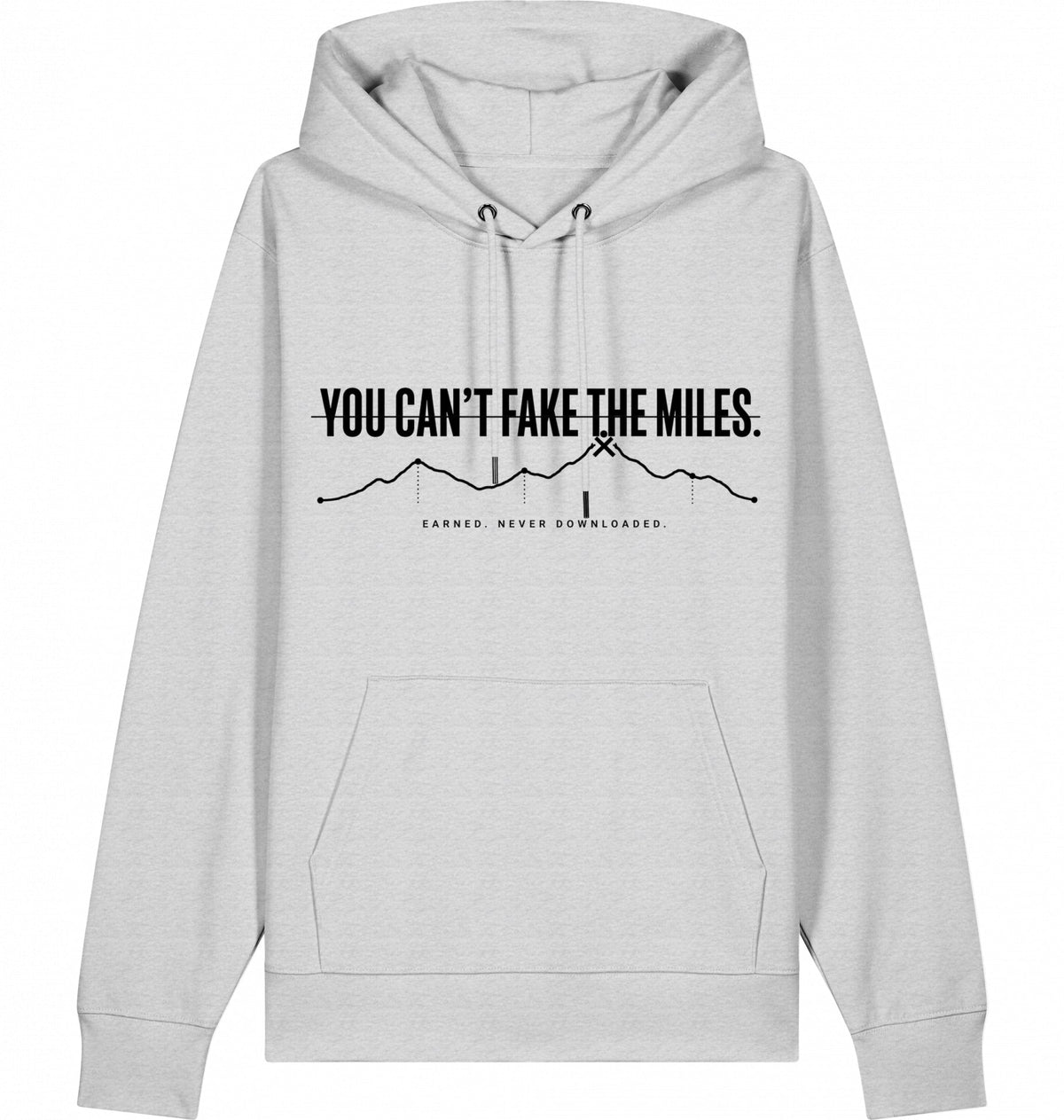 YOU CAN'T FAKE THE MILES Heavyweight Hoodie – Black Print - Flat Mockup