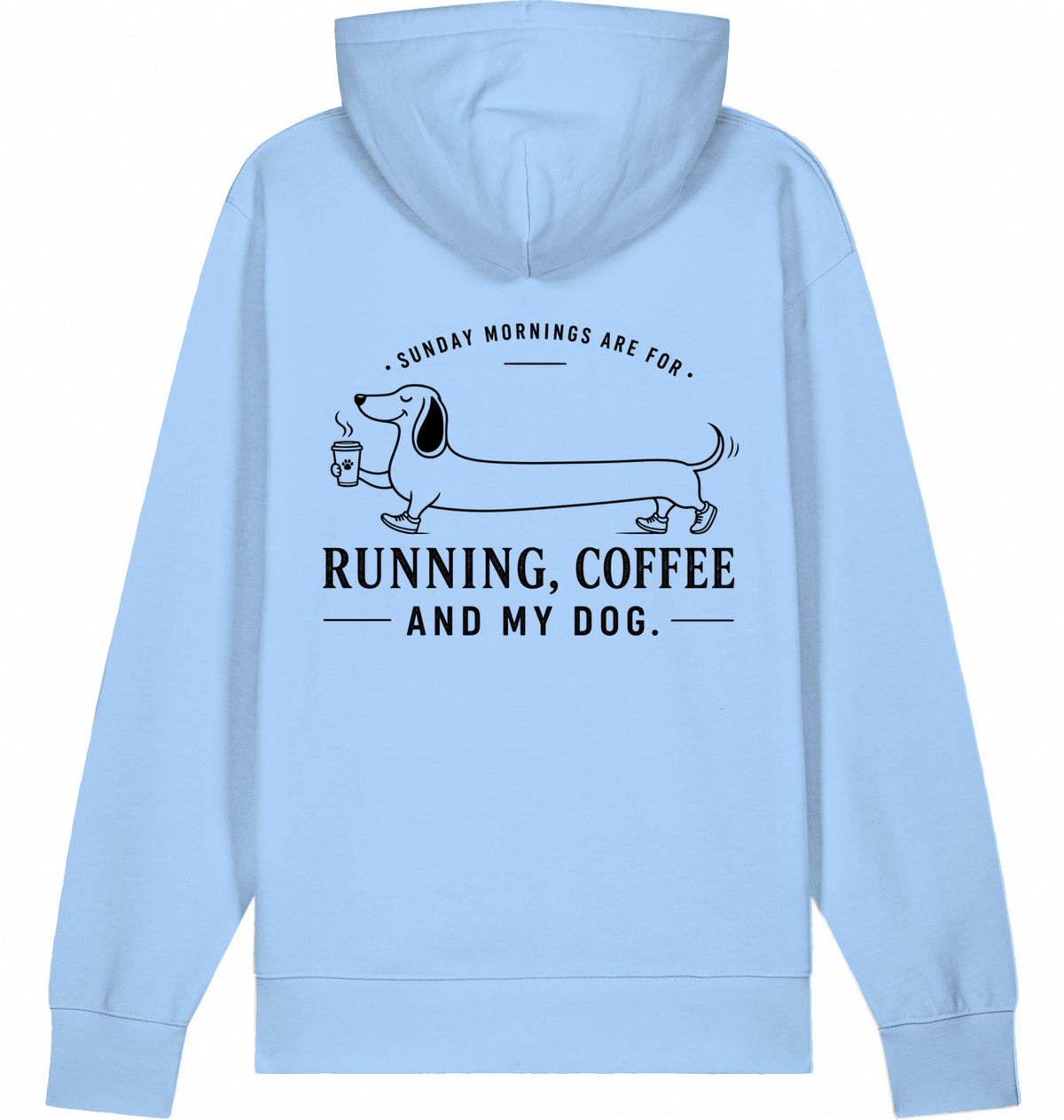 DOGS. COFFEE. RUNNING Hoodie – Organic Trail Running Hoodie (Black Print) - Flat Mockup