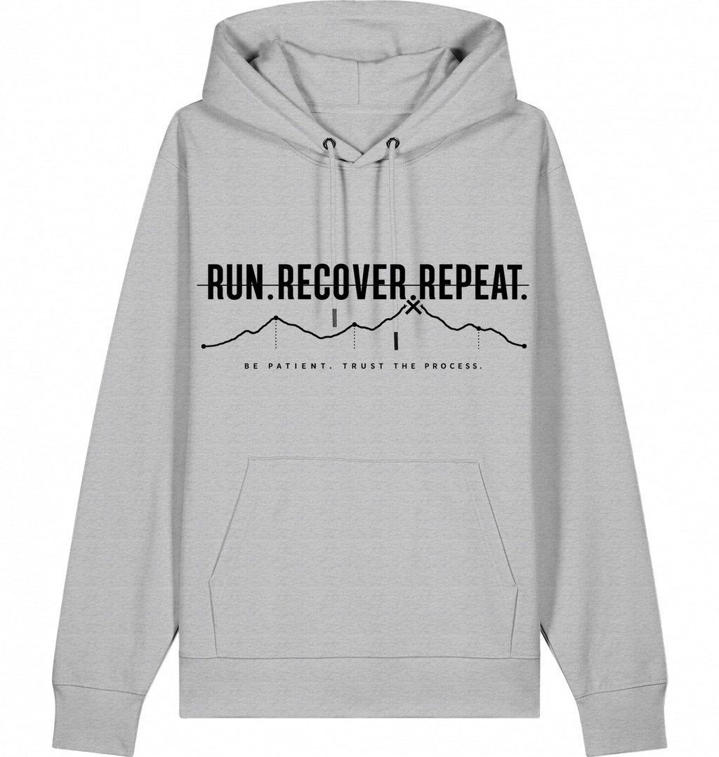RUN RECOVER REPEAT Hoodie – Organic Trail Running Hoodie (Black Print) - Flat Mockup