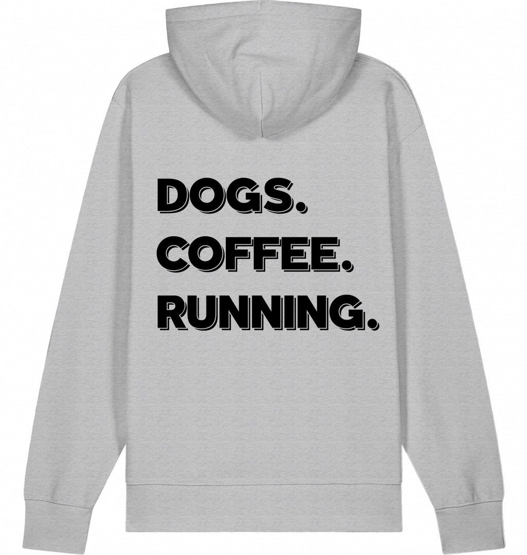 DOGS. COFFEE. RUNNING Hoodie – Organic Trail Running Hoodie (Black Print) - Flat Mockup