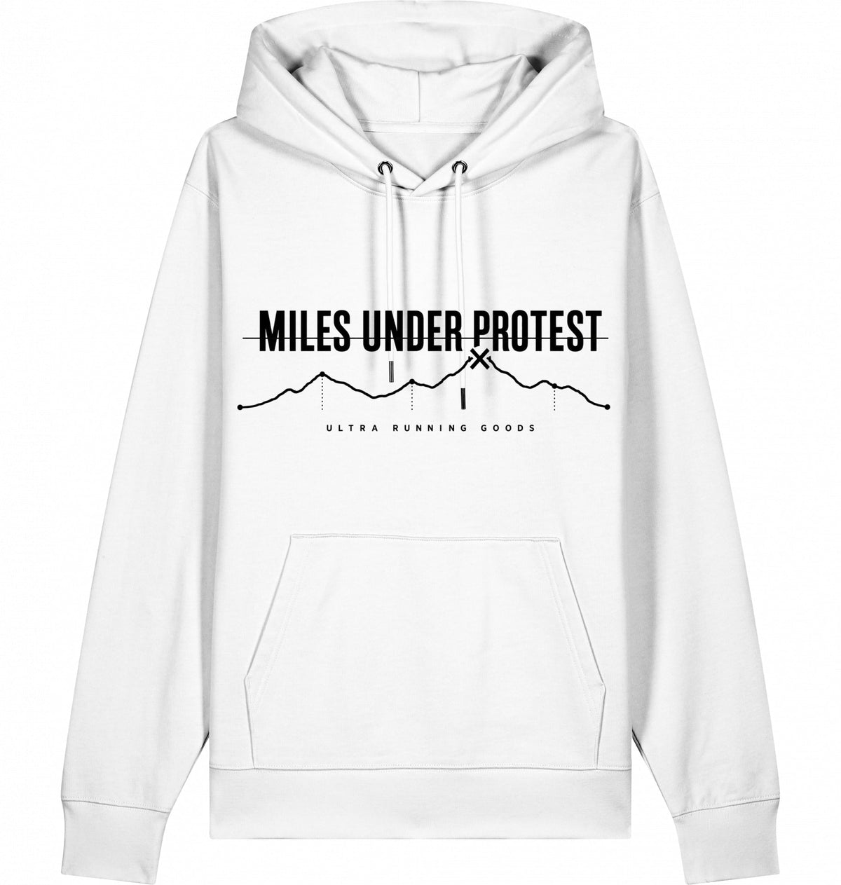 MILES UNDER PROTEST Hoodie – Organic Trail Running Hoodie (Black Print) - Flat Mockup