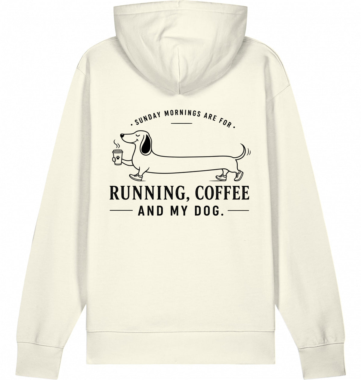 DOGS. COFFEE. RUNNING Hoodie – Organic Trail Running Hoodie (Black Print) - Flat Mockup