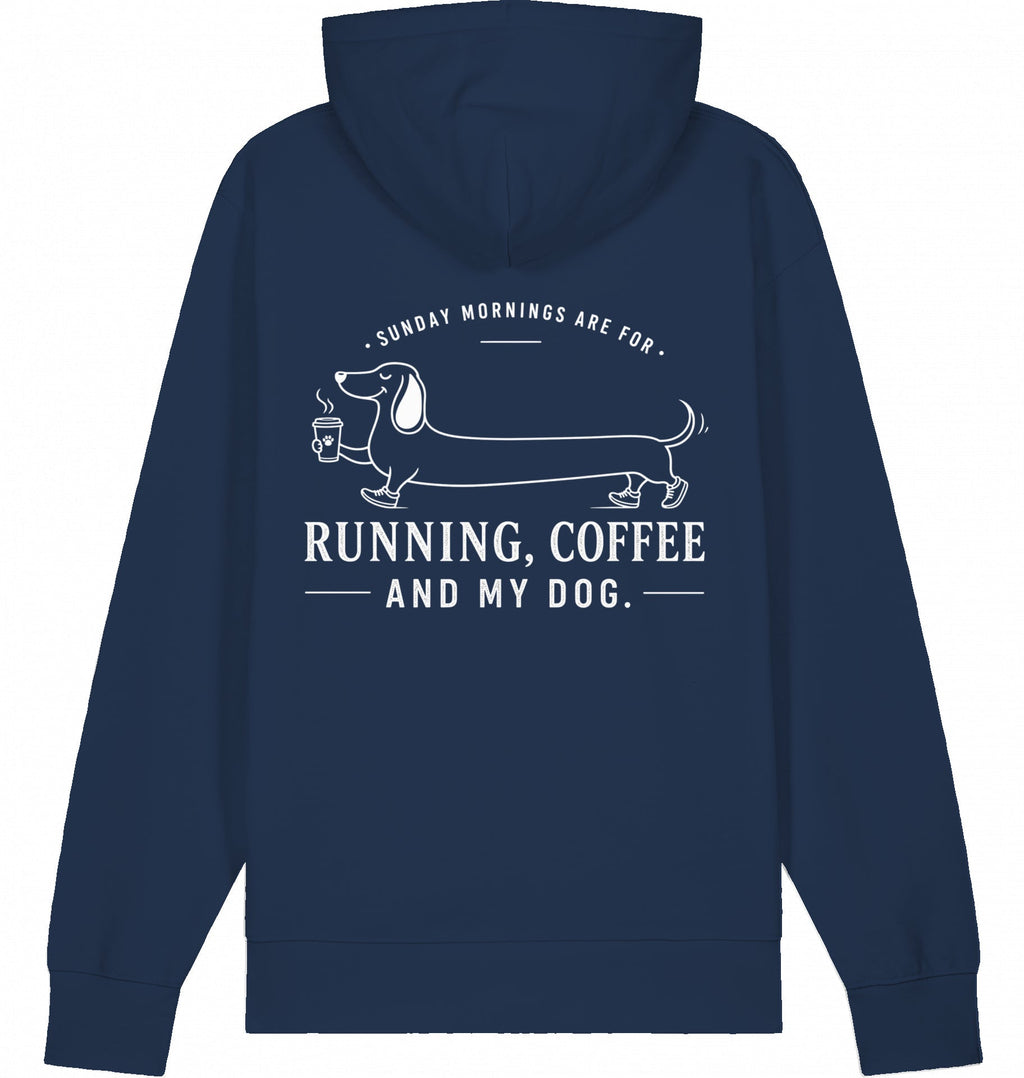 DOGS. COFFEE. RUNNING Hoodie – Organic Trail Running Hoodie (White Print) - Flat Mockup