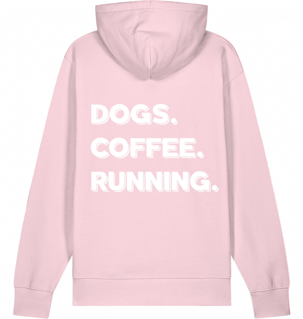 DOGS. COFFEE. RUNNING Hoodie – Organic Trail Running Hoodie (White Print) - Flat Mockup