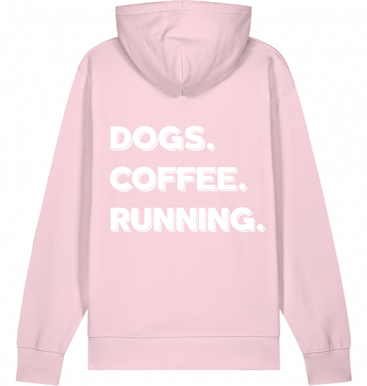 DOGS. COFFEE. RUNNING Hoodie – Organic Trail Running Hoodie (White Print) - Flat Mockup
