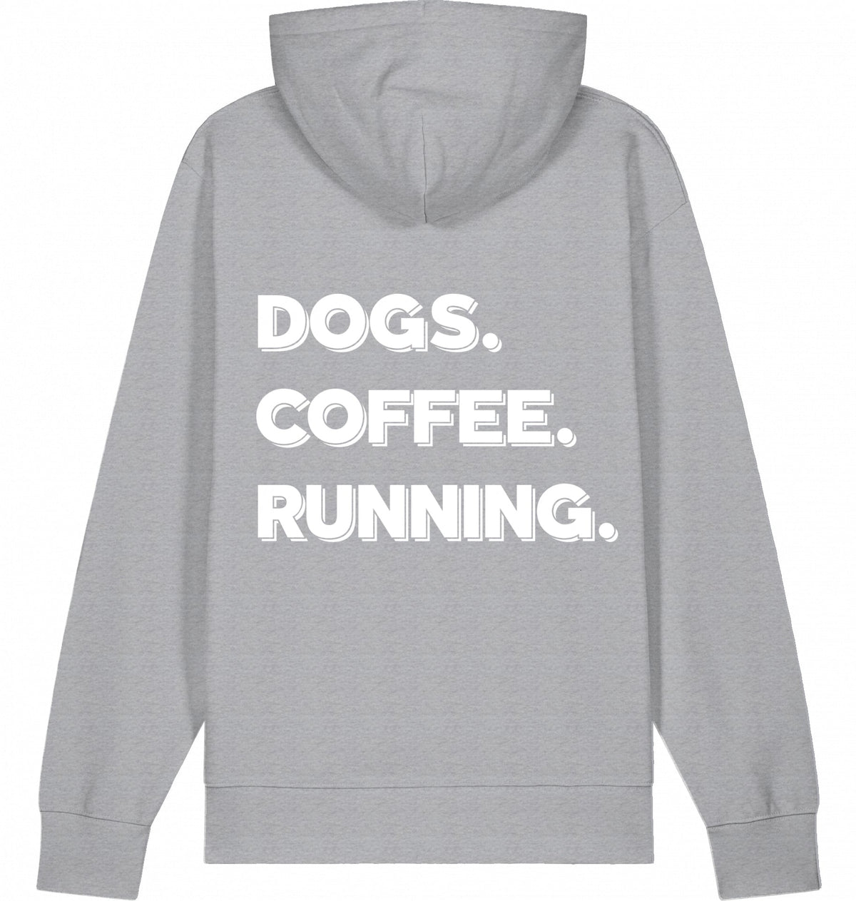 DOGS. COFFEE. RUNNING Hoodie – Organic Trail Running Hoodie (White Print) - Flat Mockup
