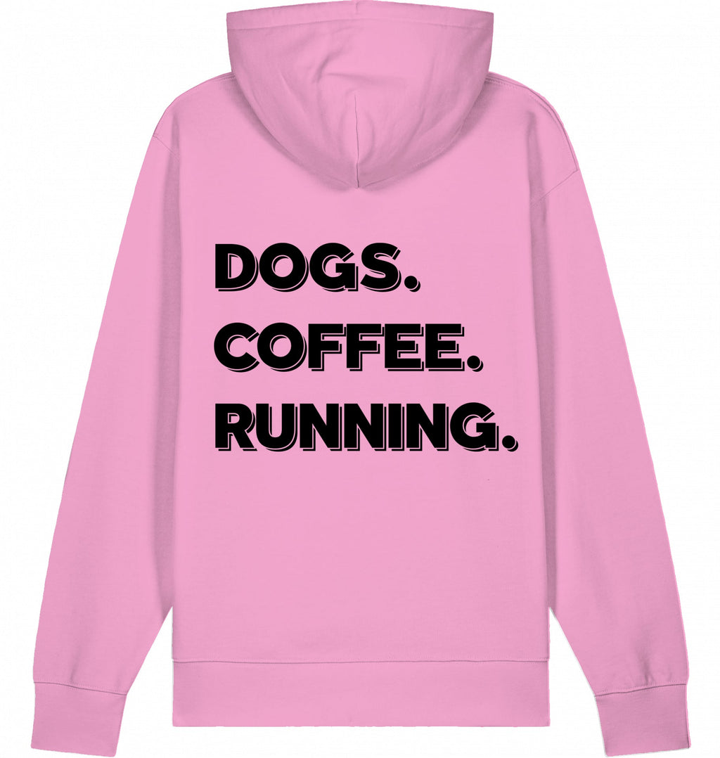 DOGS. COFFEE. RUNNING Hoodie – Organic Trail Running Hoodie (Black Print) - Flat Mockup