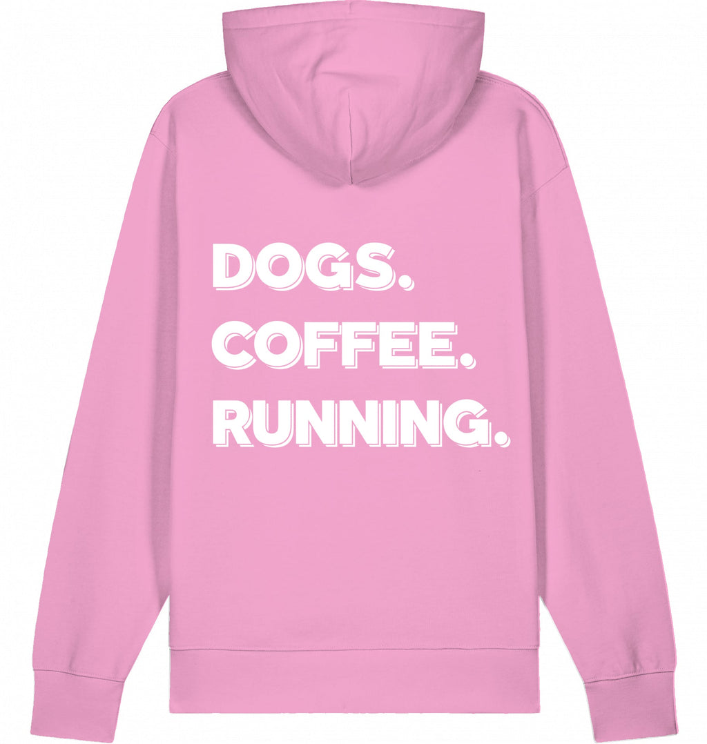 DOGS. COFFEE. RUNNING Hoodie – Organic Trail Running Hoodie (White Print) - Flat Mockup