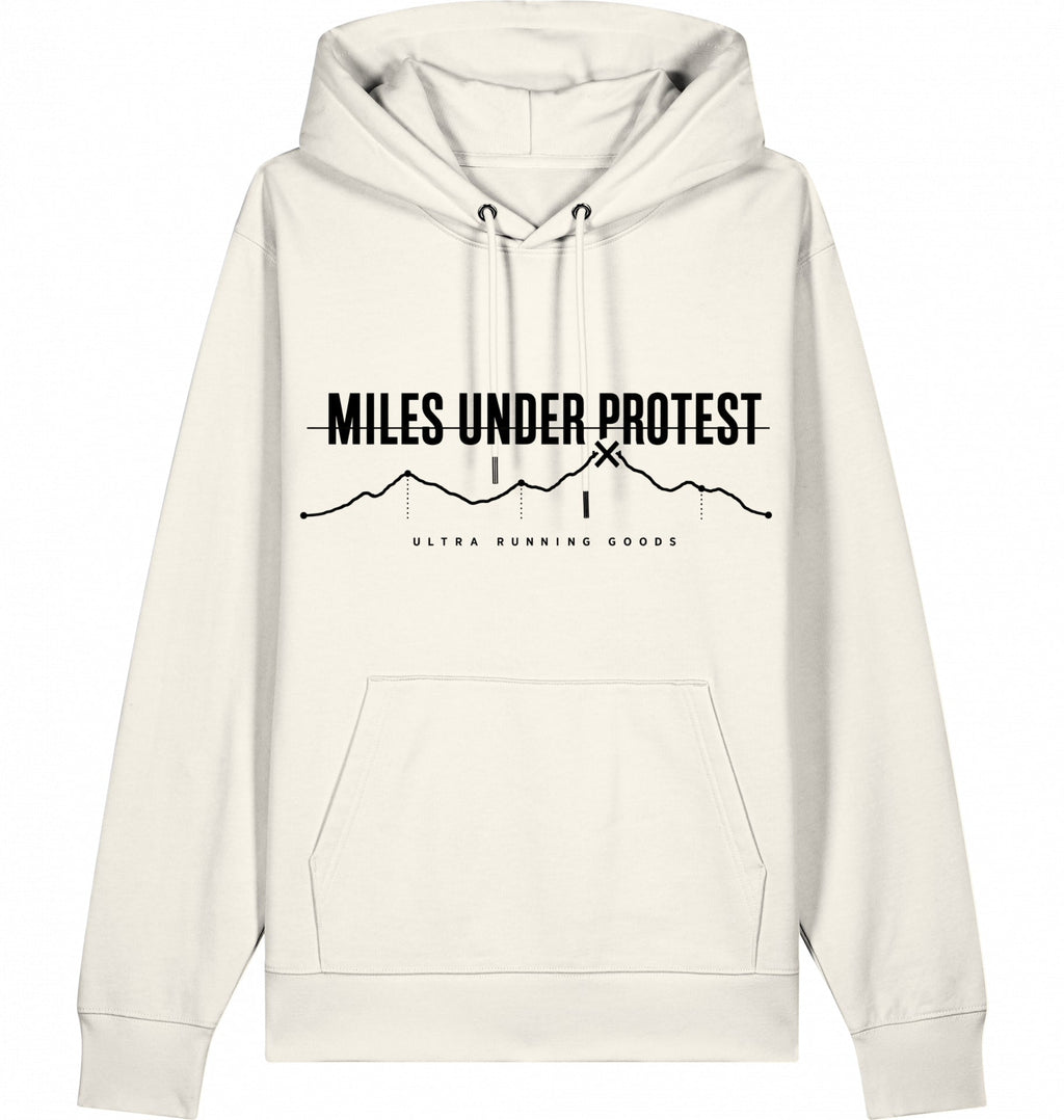 MILES UNDER PROTEST Hoodie – Organic Trail Running Hoodie (Black Print) - Flat Mockup
