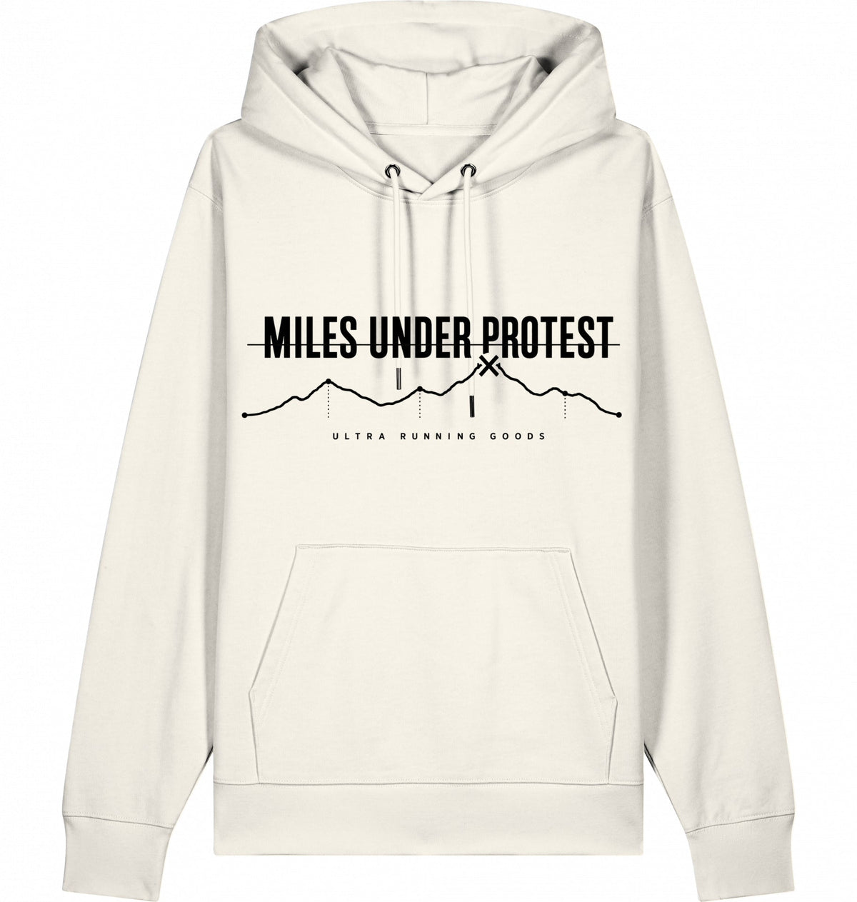 MILES UNDER PROTEST Hoodie – Organic Trail Running Hoodie (Black Print) - Flat Mockup