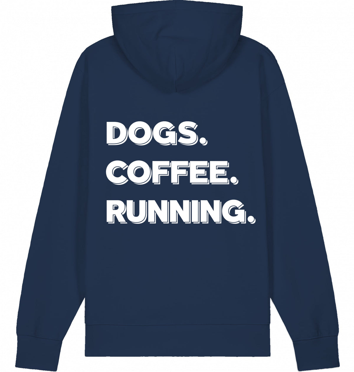 DOGS. COFFEE. RUNNING Hoodie – Organic Trail Running Hoodie (White Print) - Flat Mockup