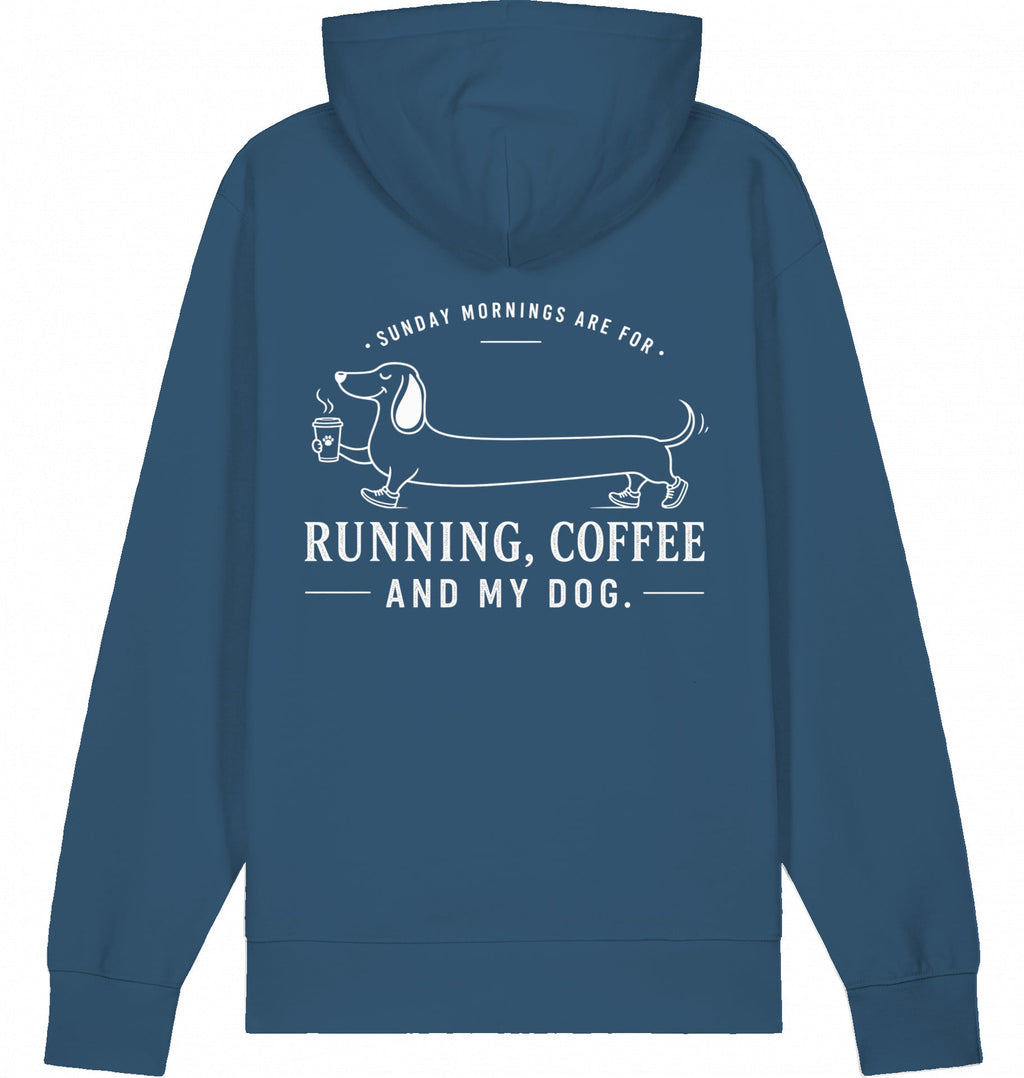 DOGS. COFFEE. RUNNING Hoodie – Organic Trail Running Hoodie (White Print) - Flat Mockup