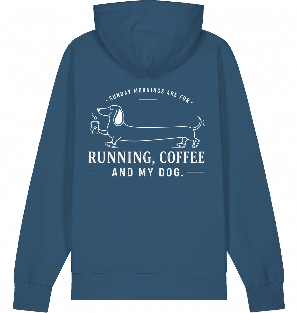 DOGS. COFFEE. RUNNING Hoodie – Organic Trail Running Hoodie (White Print) - Flat Mockup
